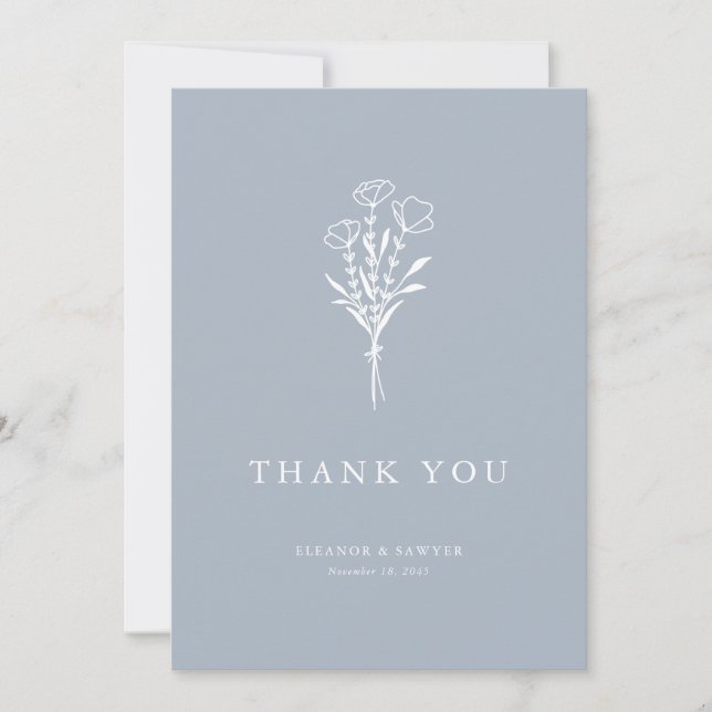 Minimalistisk Blommigt Bouquet Dusty Blue Bröllop Tack Kort (Framsida)