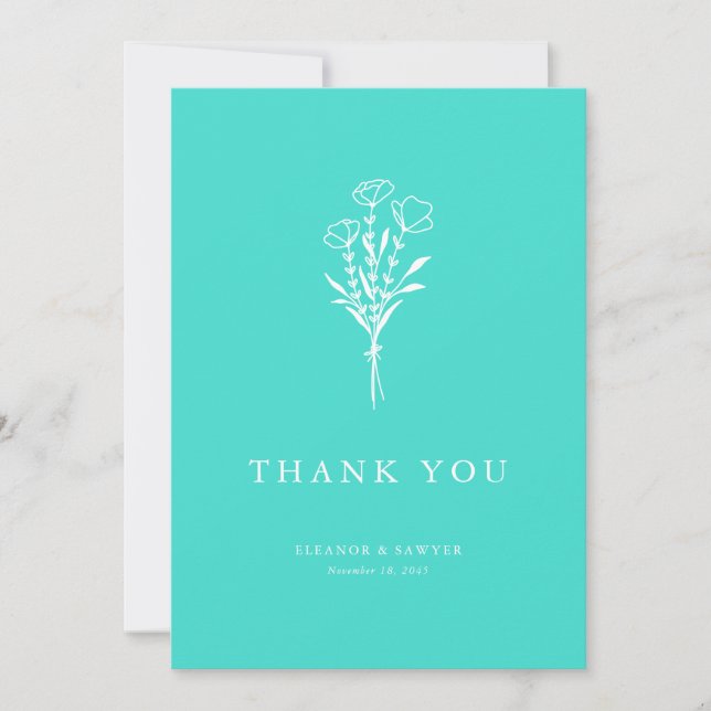 Minimalistisk Blommigt Bouquet Turcos Bröllop Tack Kort (Framsida)