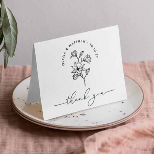 Minimalistisk Blommigt Bröllop | Svartvit Elegant Tack Kort (Skapare uppladdad)