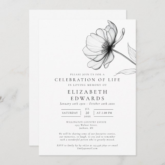 Minimalistisk Blommigt Firande i livets begravning Inbjudningar (Fram/baksida)