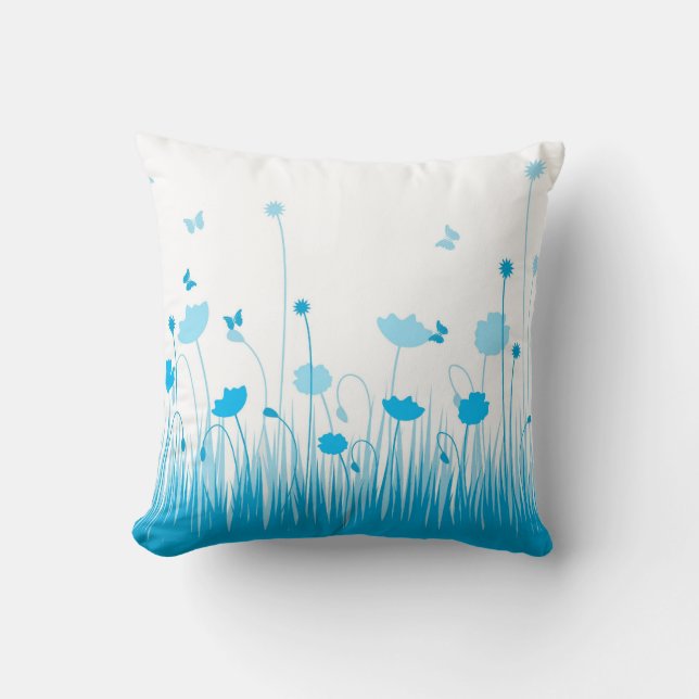 Minimalistisk Blommigt för blå och vit poppies Kudde (Framsida)