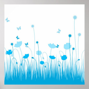 Minimalistisk Blommigt för blå och vit poppies Poster