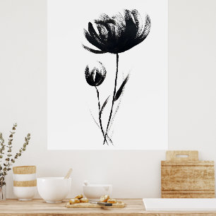 Minimalistisk Blommigt för Bläck-vattenfärg, svart Poster