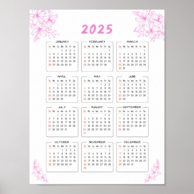 Minimalistisk Blommigt för Rosa av väggkalender fö Poster (Framsidan)