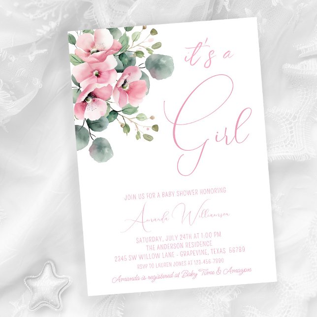 Minimalistisk Blommigt för Rosa: Barnshuggare för  Inbjudningar (Welcome your baby girl with this beautiful pink watercolor floral and elegant script invitation. )