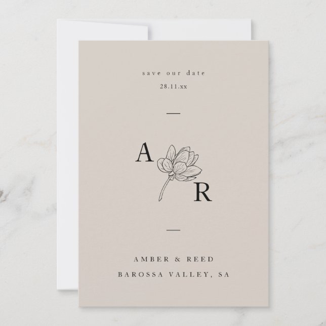 Minimalistisk Blommigt, Monogram Elegant Enkel Neu Spara Datumet (Framsida)