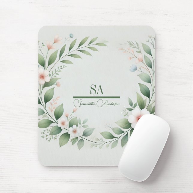 Minimalistisk Blommigt Mousepad | Personlig Monogr Musmatta (Med mus)