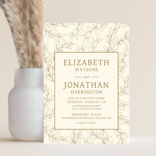 Minimalistisk Blommigt Ram Bröllop Inbjudningar (Minimalist Floral Beige Wedding Invitation)