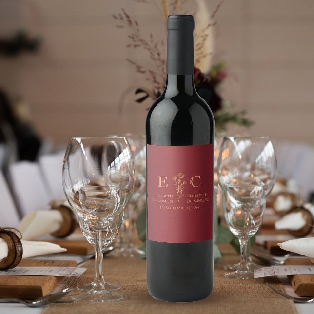 Minimalistisk Blommigt Red & Guld Monogrammed Bröl Vinflaska Etikett (Skapare uppladdad)