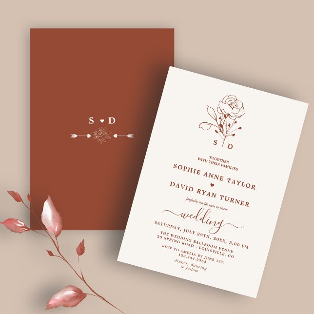 Minimalistisk Blommigt Terracotta Monogram Bröllop Inbjudningar (trendy terracotta burnt orange wedding, elegant modern terracotta wedding calligraphy invitation, )