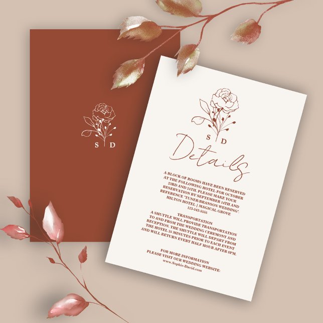 Minimalistisk Blommigt Terracotta Monogram Bröllop Tilläggskort (wedding details, terracotta burnt orange information, wedding accommodations enclosure card)