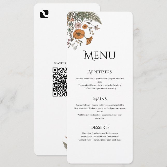 Minimalistisk blomster-restaurang eller bröllopsme program (Fram/baksida)