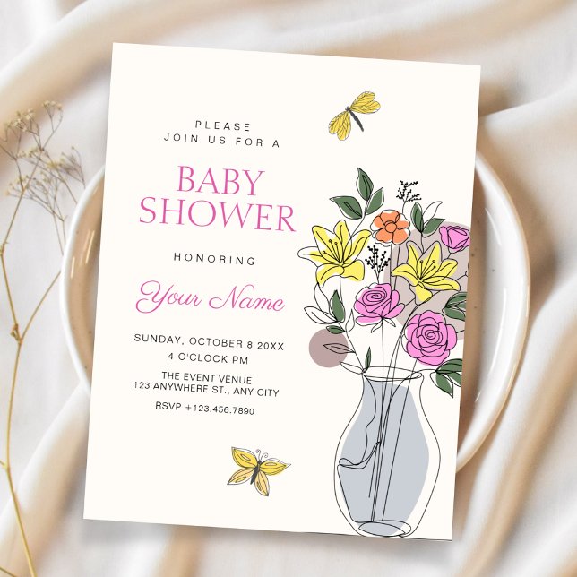 Minimalistisk blomsterbukett konst baby shower inbjudningar (Skapare uppladdad)