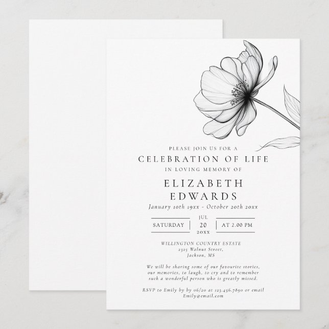 Minimalistisk blomsterfirande av livets begravning inbjudningar (Fram/baksida)