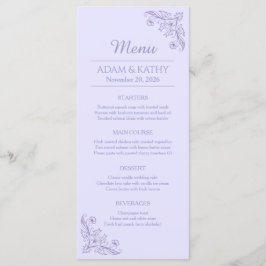 Minimalistisk blomsterriktig lavendelfärgad bröllo meny