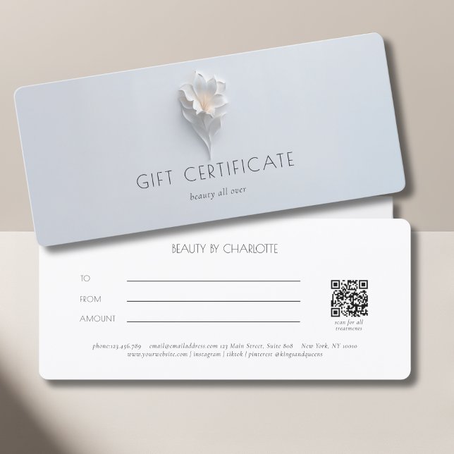 Minimalistisk blomvit salong QR-kod presentkort (Minimalist Floral White Salon QR Code Gift Card)