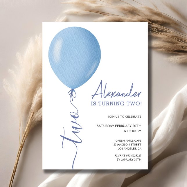 Minimalistisk Blue Balloon Boy 2:a födelsedag Inbjudningar (Skapare uppladdad)