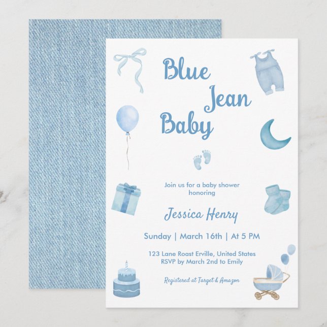 Minimalistisk Blue Jean Baby Denim Baby Shower Inbjudningar (Fram/baksida)