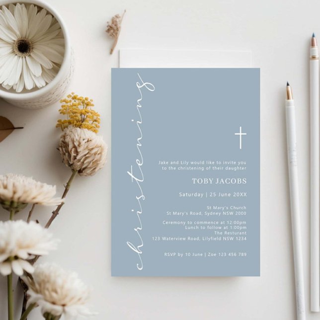 Minimalistisk Blue Typography Christening Inbjudningar (Skapare uppladdad)