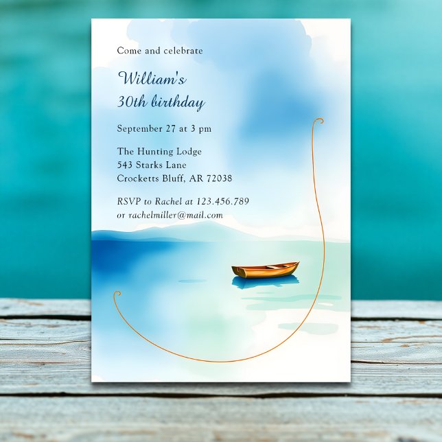 Minimalistisk Boat Party för Him Sjö födelsedag Inbjudningar (Watercolor Lake Birthday Invitation – Minimalist Boat Party for Him)
