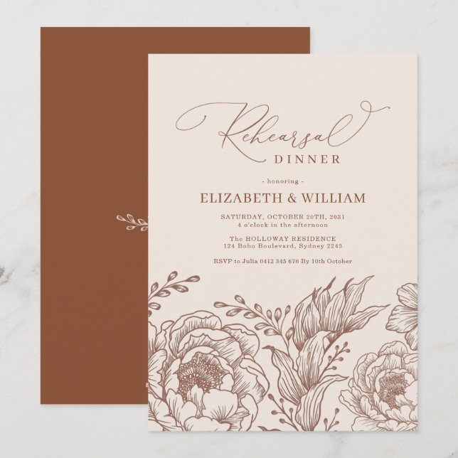 Minimalistisk Bohemian Terracotta Rehearsal Dinner Inbjudningar (Fram/baksida)
