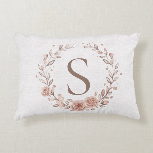 Minimalistisk Boho Akvarellbladskrans Monogram  Prydnadskudde (Framsidan)
