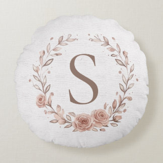 Minimalistisk Boho Akvarellbladskrans Monogram Rund Kudde