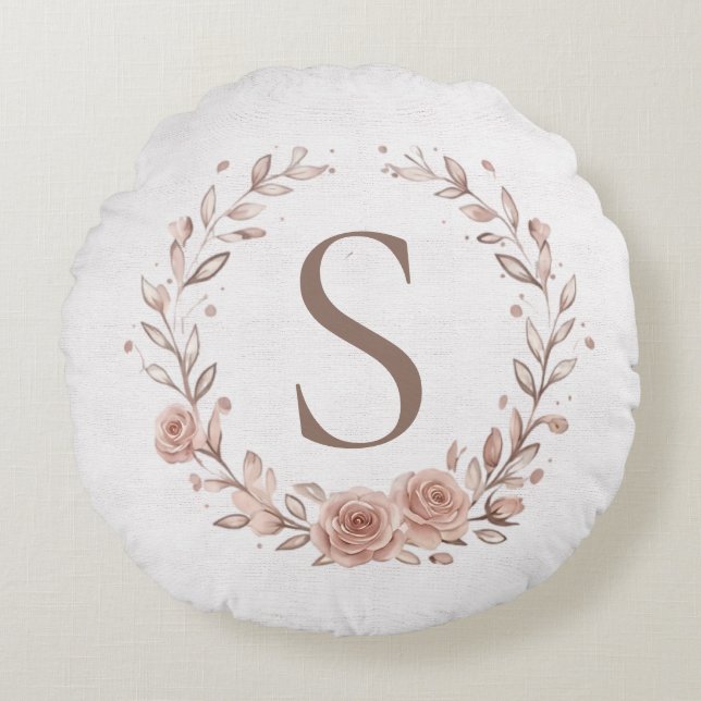 Minimalistisk Boho Akvarellbladskrans Monogram  Rund Kudde (Framsidan)