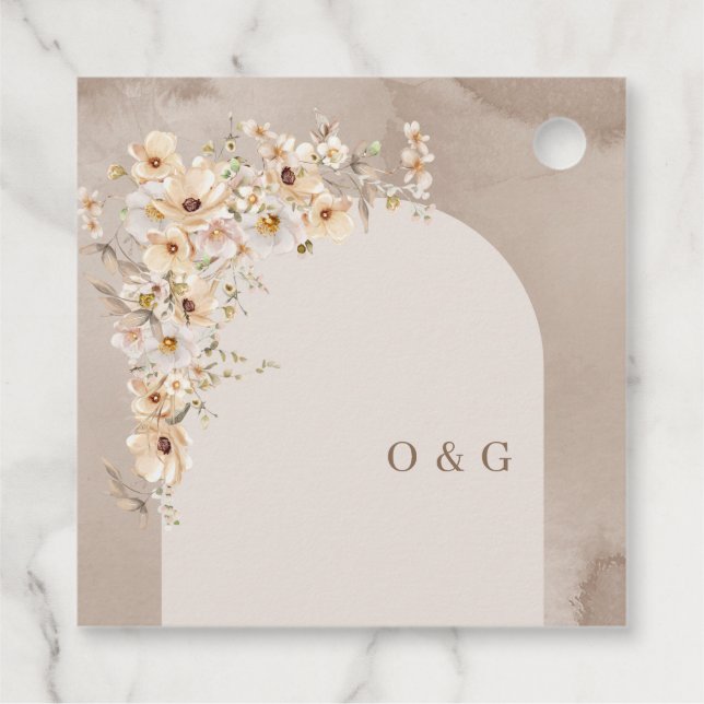 Minimalistisk boho arch neutralt initialer visblom gåvor etiketter (Baksida)