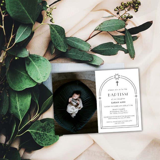 Minimalistisk boho Arch Photo Kor-baptism Inbjudningar (Minimalist Boho Arch Photo Cross Baptism Invitation)