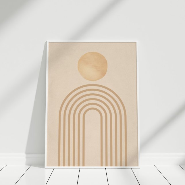 Minimalistisk Boho-båge Regnbåge Neutral Väggkonst (Boho Neutral Peach Terracotta Sun Rainbow Poster in white frame on wooden floor.)