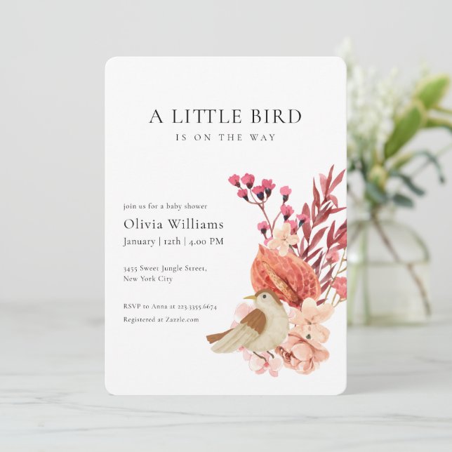 Minimalistisk Boho Blomma Liten Fågel Baby Shower  Inbjudningar (Stående Fram)