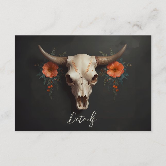 Minimalistisk Boho-Blommigt Cow Skull Bröllop QR-k Tilläggskort (Framsida)