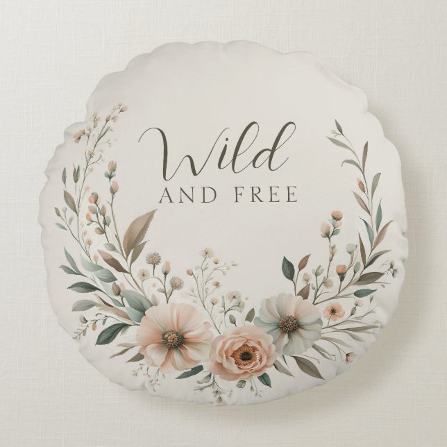Minimalistisk Boho blommor i elfenben och rosaton Rund Kudde (Framsidan)