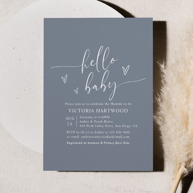 Minimalistisk Boho Blue Hej Baby Shower Inbjudningar (Skapare uppladdad)