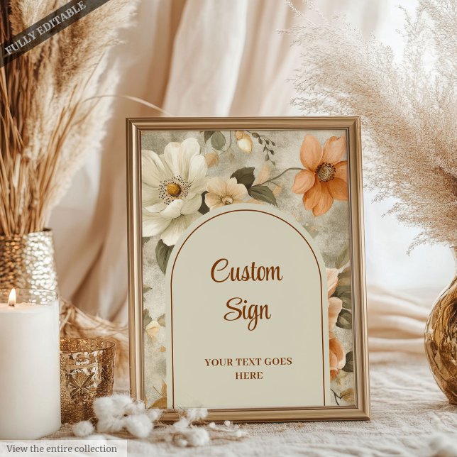 Minimalistisk Boho Bränd Orange Elfenben Salvia Bl Poster (Minimalist Boho Burnt Orange Ivory Sage Floral Custom Sign

)