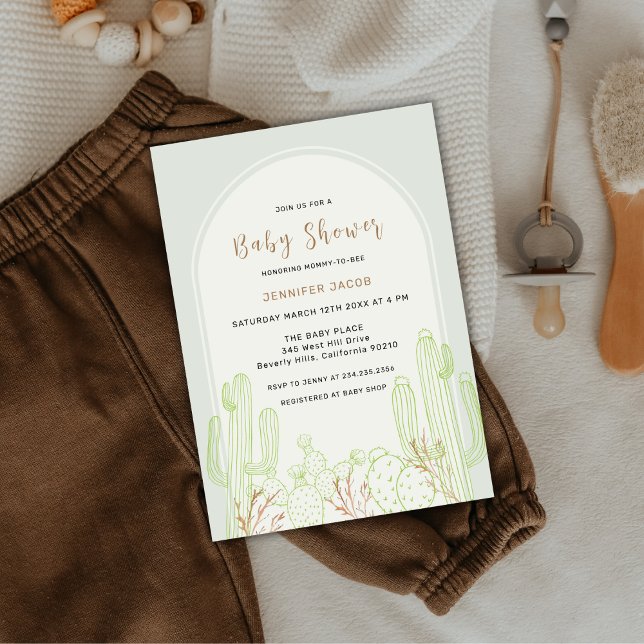 Minimalistisk Boho Cactus Arch Baby Shower för Sag Inbjudningar (Sage Green Minimalist Boho Cactus Arch Baby Shower Invitation)