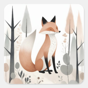 Minimalistisk Boho Cute Fox i en skog Fyrkantigt Klistermärke