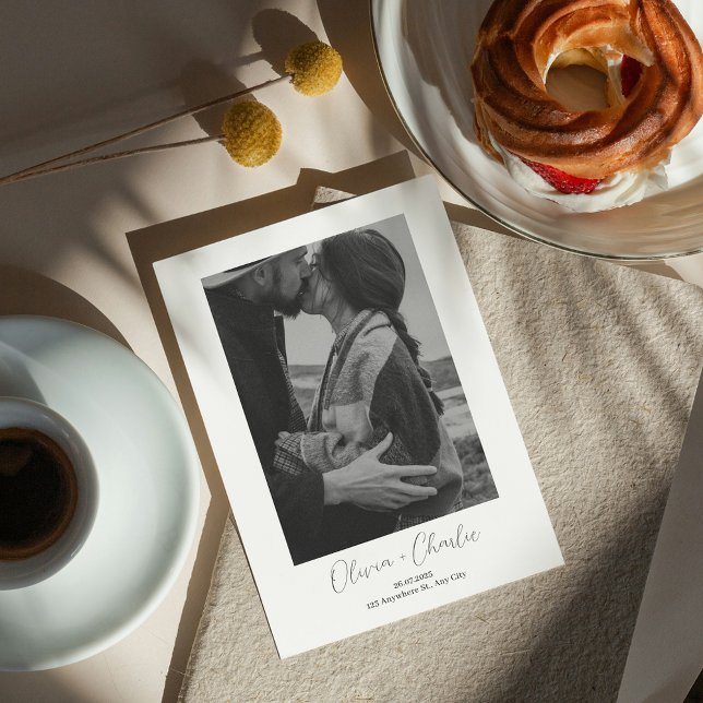 Minimalistisk Boho Foto Bröllop Spara Datum  Inbjudningar (Simple Elegant Text and Boho Photo Save the Date Invitation)