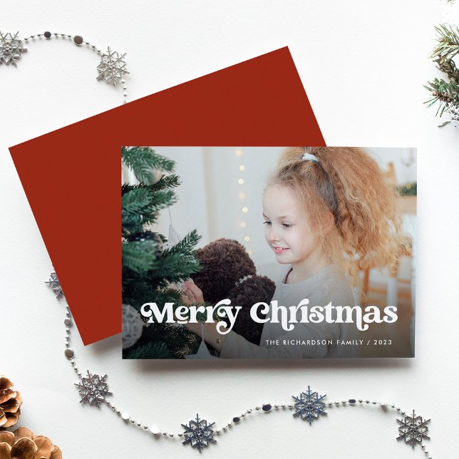 Minimalistisk Boho/God jul med foto Julkort (A colorful, boho holiday card that says "Merry Christmas" in whimsical text, with your photo)