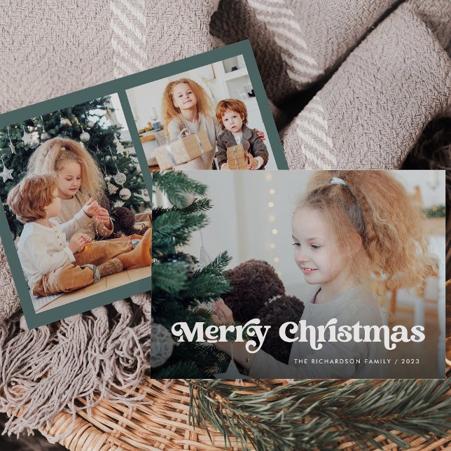 Minimalistisk boho/God jul Multi Photo Julkort (A trendy, boho multi photo Christmas card in green)