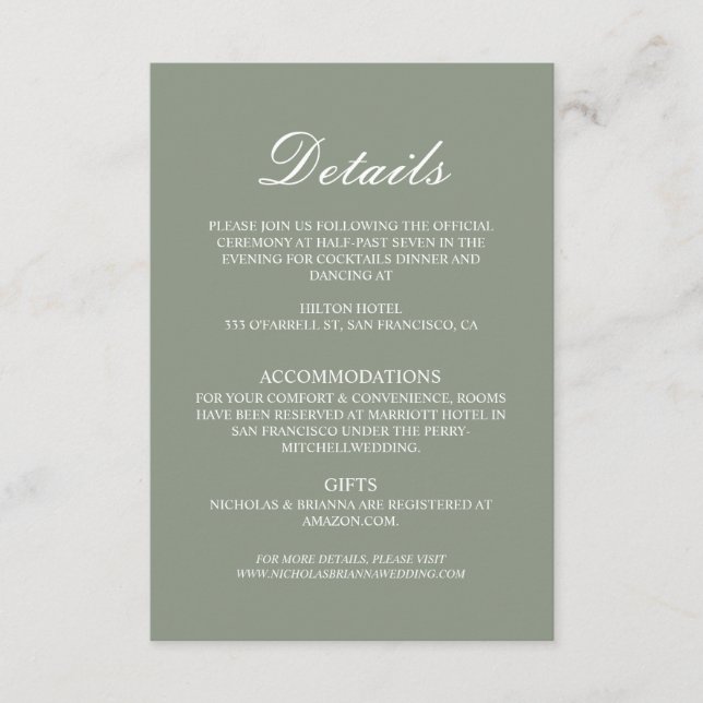 Minimalistisk Boho Grön Elegant Bröllopsdetalj Tilläggskort (Framsida)