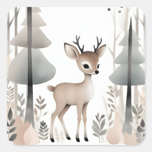 Minimalistisk Boho-Hjort i skogen Fyrkantigt Klistermärke