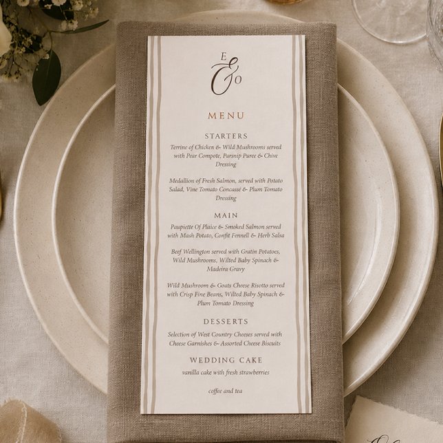 Minimalistisk Boho Kakaobrun Randig Bröllopsmeny Meny (Minimalist Boho Cocoa Brown Striped Wedding Menu)
