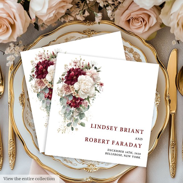 Minimalistisk Boho Maroon Guld Rosor Bröllopsserve Pappersservett (Minimalist Boho Maroon Gold Roses Wedding Napkins

)