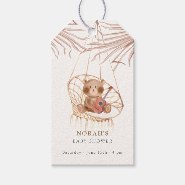 Minimalistisk Boho Nalle Baby Shower Presentetikett (Framsidan)