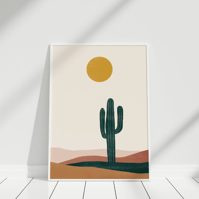 Minimalistisk Boho-ökenkaktus Sol Väggkonsttryck Poster (Bohemian Abstract Desert Landscape Wall Art in white frame)