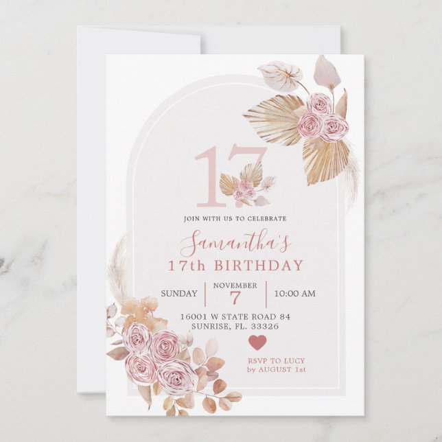 Minimalistisk Boho-Rosa Arch 17:e födelsedagsinbju Inbjudningar (Framsida)