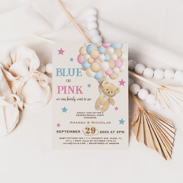 Minimalistisk Boho Rosa Blå Björn Köns Avslöjande Inbjudningar (Skapare uppladdad)