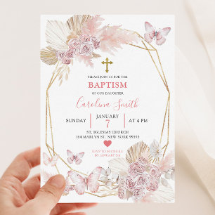 Minimalistisk boho Rosa ros Butterfly Baptism Inbjudningar